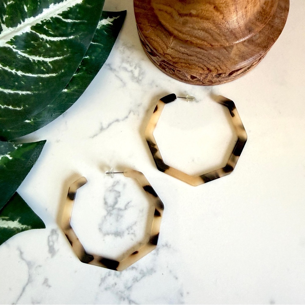 3/$22🩶 Light Tortoiseshell Hexagon Big Hoop Earrings PREOWNED Acrylic Jewelry